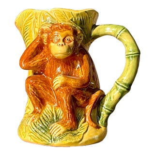 Vintage Boho Glazed Ceramic Monkey Pitcher For Sale