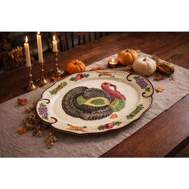 Vintage California Hand-Painted Turkey Platter – 18” Harvest Serving Tray For Sale - Image 4 of 5