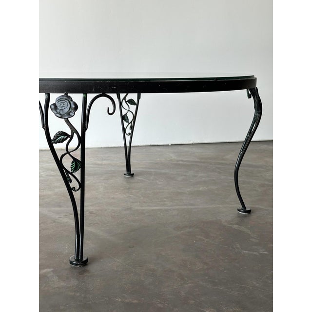 Black Black Wrought Iron Rose Patio Coffee Table With Round Glass Top by Woodard, Mid-20th Century For Sale - Image 8 of 14