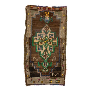Brown & Green Mini Vintage Rug For Sale