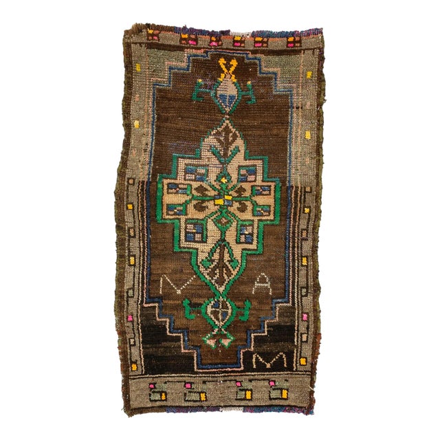 Brown & Green Mini Vintage Rug For Sale