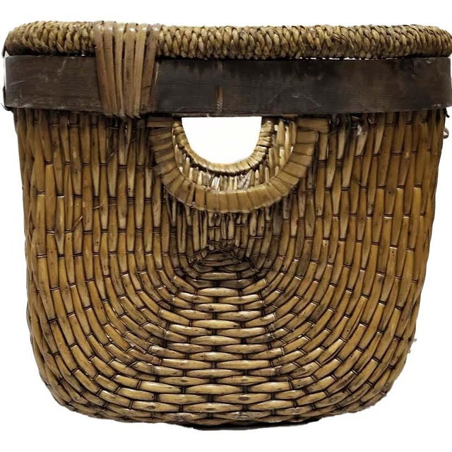 Large Rustic Woven Rattan Market Basket With Handles For Sale - Image 4 of 7