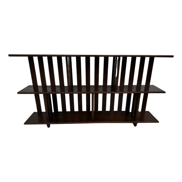 Walnut Slat Back 3 Tier Low Bookcase (2 Available) For Sale
