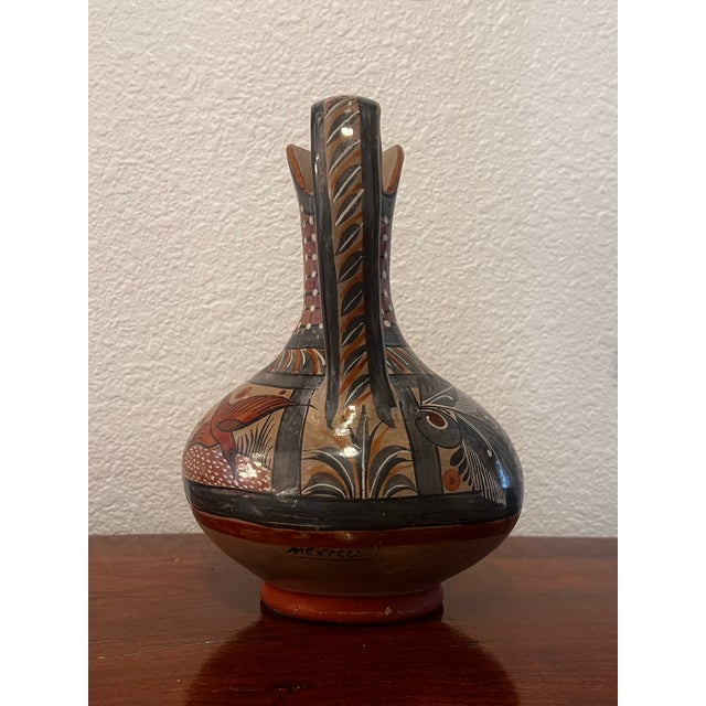 Vintage Tonalá Mexican Pottery Pitcher Vase With Handpainted Floral and Bird Motifs For Sale - Image 9 of 10