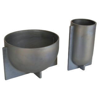 Modern Sculptural Ceramic Vases in Metallic Grey Glaze, 2010s For Sale