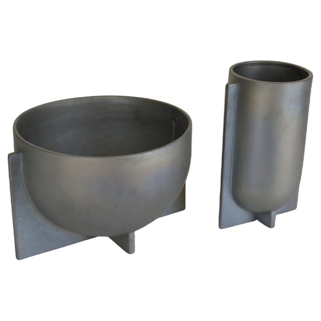 Modern Sculptural Ceramic Vases in Metallic Grey Glaze, 2010s For Sale