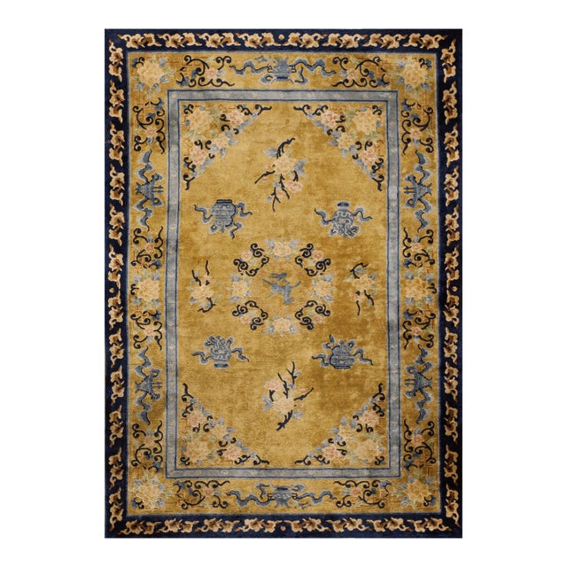 1980s Gold Medallion Floral Vintage Chinese Silk Carpet 4'1'' X 6'2" Pile Knotted Rug For Sale
