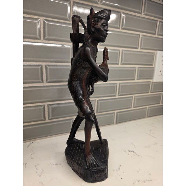 Realism Mid-Century Balinese Macassar Ebony Cockfighter Sculpture - 12.5” For Sale - Image 3 of 12