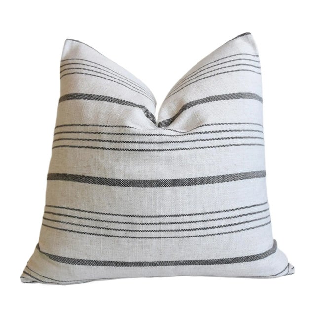 Textile Woven Charcoal Gray and White Striped Feather/Down Pillow For Sale - Image 7 of 7
