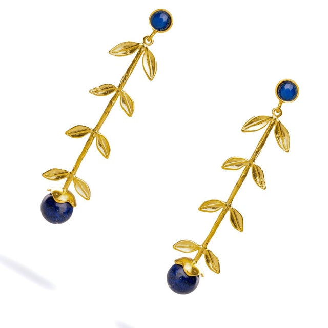 Contemporary Bohemian Elegance Gold Leaf & Lapis Lazuli Stone Dangle Earrings, 2 Pieces For Sale - Image 3 of 6