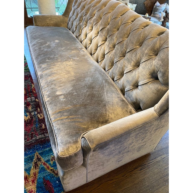 lovely dusty blue tufted sofa. cotton/rayon velvet. super comfortable and in good condition. 94wide x 30tall at the...