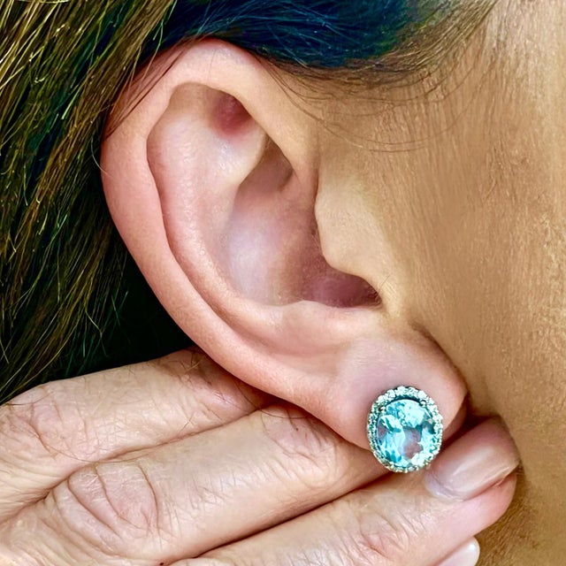 Traditional Natural Aquamarine Diamond Stud Earrings 14k WG 5.46 TCW Certified For Sale - Image 3 of 15