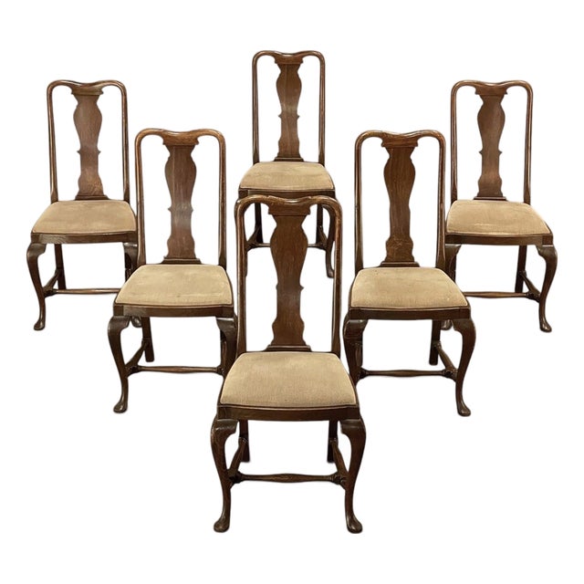 Set of 6 Antique Queen Anne Chestnut Dining Chairs For Sale