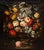 An antique oil painting on canvas with a period gilded wooden frame, depicting a 17th-century still life with flowers. The...
