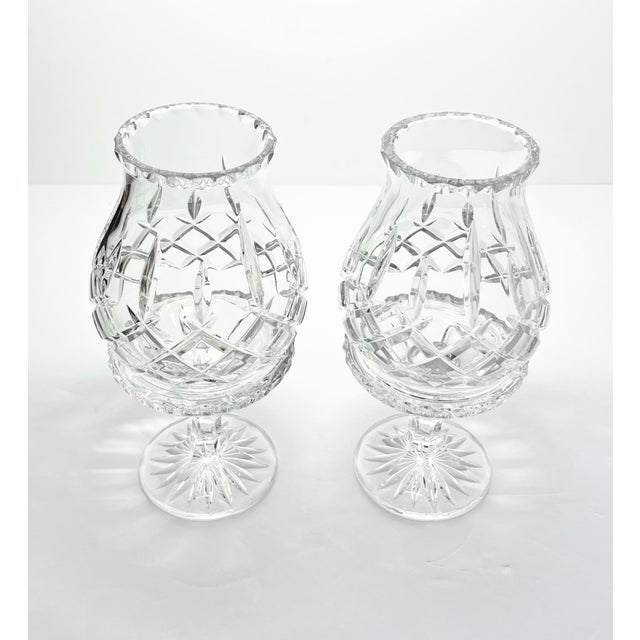 Contemporary Gorham “King Edward” Pair of Crystal Hurricane Fairy Lamp Shades & Candlestick Base For Sale - Image 3 of 12