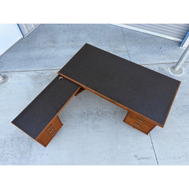 1960s Mid-Century Modern Walnut L-Shaped Executive Desk With Black Laminate Top For Sale - Image 17 of 17