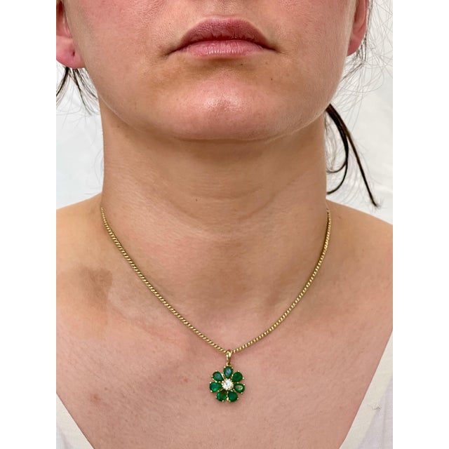 Emerald and Solitaire Diamonds Flower Pendant Necklace 14 Karat Yellow Gold For Sale - Image 11 of 18