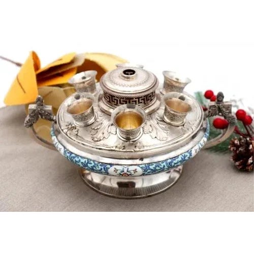 Metal Silver and Porcelain Liqueur Bottle with Glasses, Set of 7 For Sale - Image 7 of 8