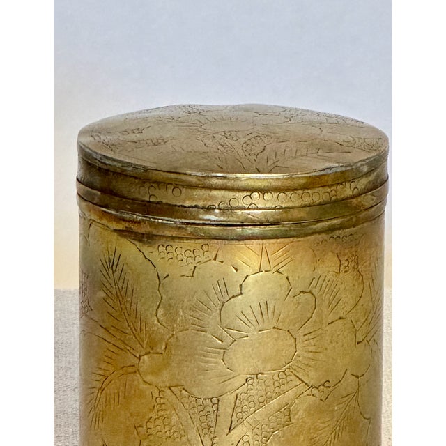 Antique Brass Chinese Tea Canister with Etched Flower Motif, 2.5” H x 3” Dia. great patina!