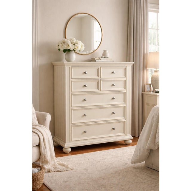 Traditional Late 20th Century Tall Cream-Painted Paneled Dresser With Eight Drawers and Turned Feet For Sale - Image 3 of 7