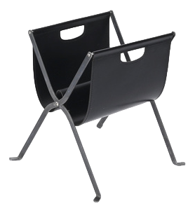 Italian Folding Magazine Rack in Black Leather and Iron, Italy, 1970s
