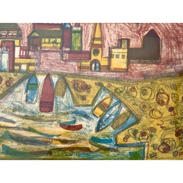 1956 Mid-Century Modern Abstract Harbor Village Mixed Media on Paper, Signed & Framed For Sale - Image 4 of 10