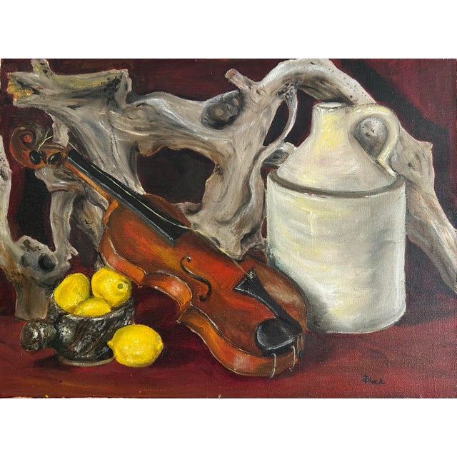 Vintage Impressionist Still Life Oil Painting of Violin Stoneware and Lemons For Sale - Image 4 of 7