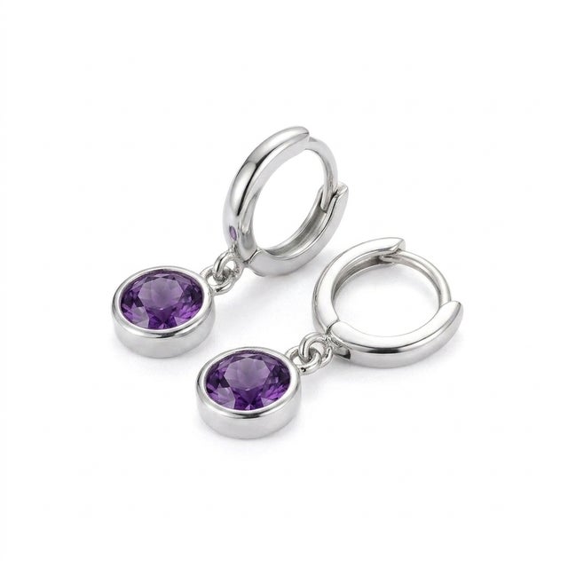 Not Yet Made - Made To Order Amethyst Hoop Huggies Earrings, February Birthstone Drop Earrings, A Pair For Sale - Image 5 of 5