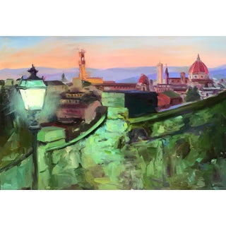 Dusking by Pam Ingalls | Oil on Board Cityscape at dusk with a lantern and Florence's skyline. For Sale