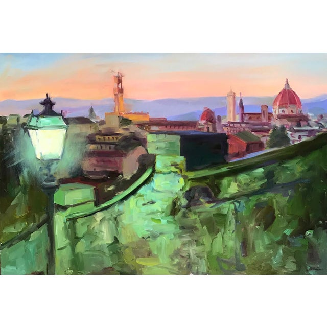 Dusking by Pam Ingalls | Oil on Board Cityscape at dusk with a lantern and Florence's skyline. For Sale