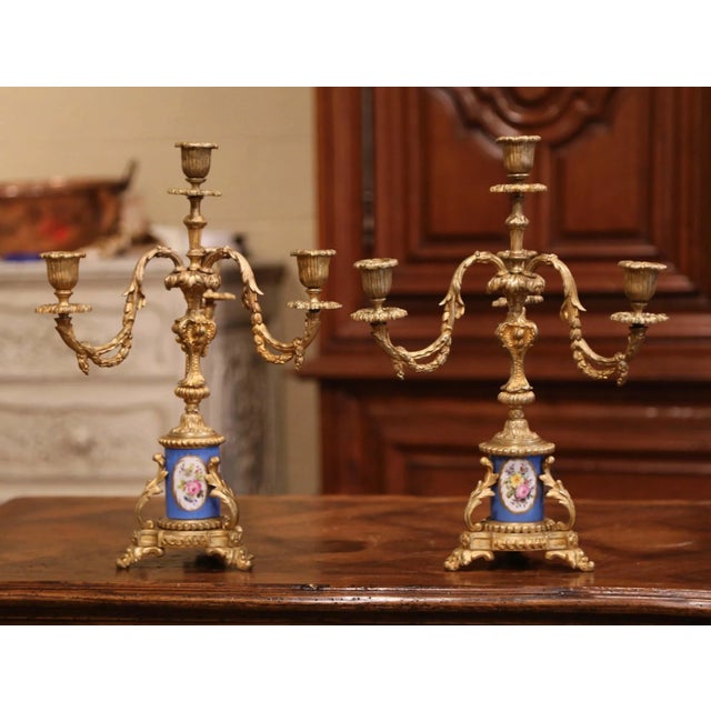 Pair of 19th Century French Louis XVI Gilt Bronze and Porcelain Candelabras For Sale - Image 4 of 8