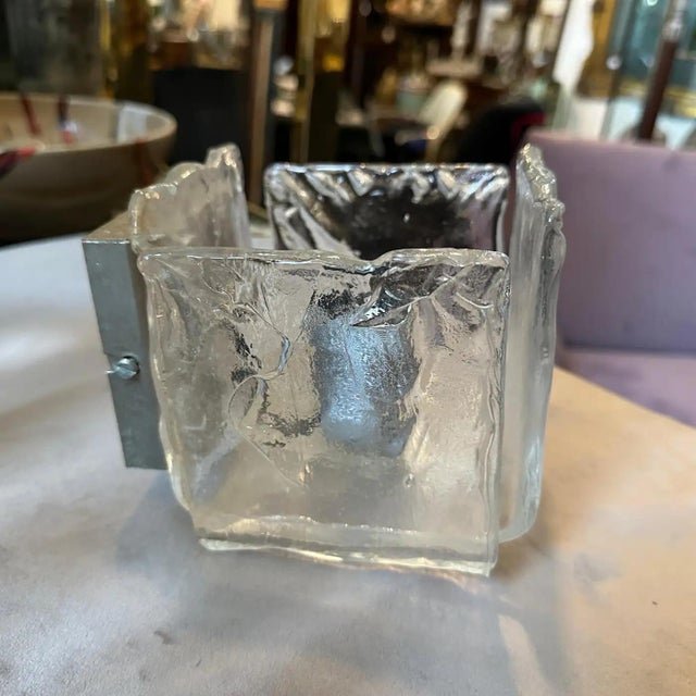 Toso 1970s Modernist Ice Murano Glass Square Wall Sconces by Toso For Sale - Image 4 of 12