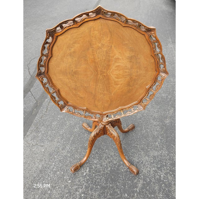 Chippendale Style Burl Walnut Pierced Gallery Piecrust Tilt Top Tea Table For Sale In Washington DC - Image 6 of 7