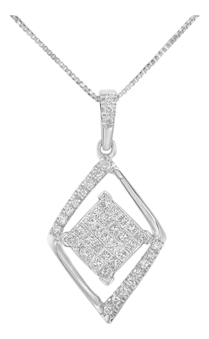 10k White Gold 1/3 Cttw Round and Princess-Cut Diamond Double Triangle 18" Pendant Necklace (H-I Color, SI1-SI2 Clarity)
