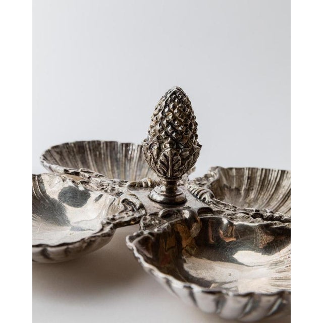 Art Deco Silver-Plated Centerpiece with Shell Dishes and Pinecone Handle, 1930s, Set of 5 For Sale - Image 4 of 11