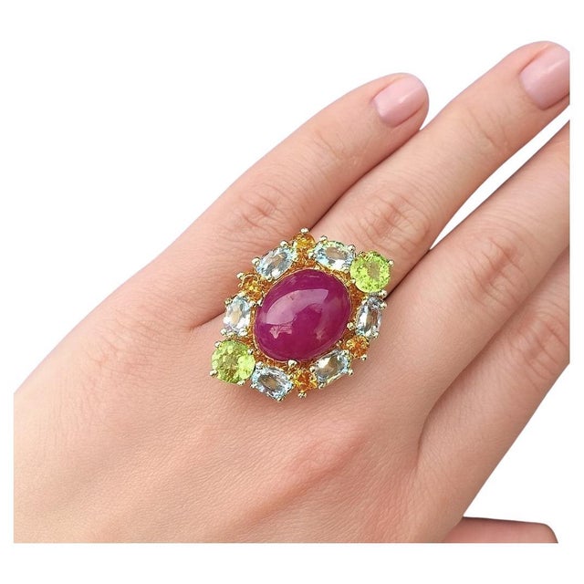 Baroque Bochic “Orient” Vintage Natural Ruby & Orange Sapphire Ring Set In 18K Gold & Silver For Sale - Image 3 of 8