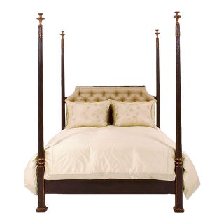 Nancy Corzine Carved Walnut Silk Tufted Designer King Size Four Poster Bed For Sale