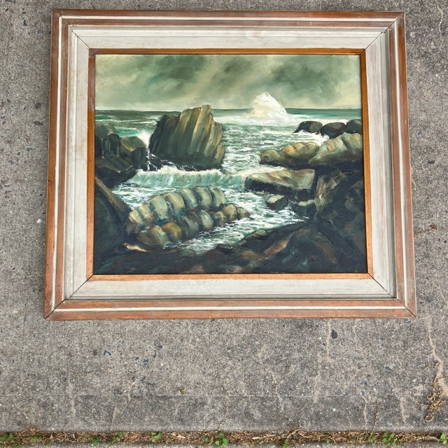 1950’s Original Vintage Modernist Rocky Seascape Painting Original Modernist Frame Signed For Sale In Philadelphia - Image 6 of 6