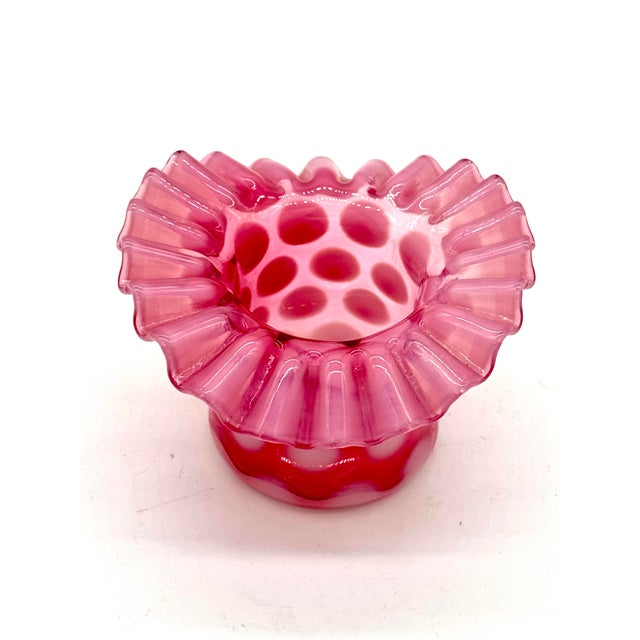 Beautiful vintage Fenton cranberry opalescent coin dot top hat vase with a wonderfully ruffled rim. The rich cranberry-...