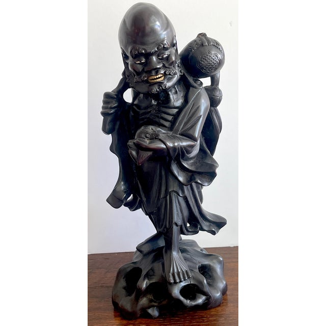 Chinese 19th Chinese Carved Hardwood Figure of an Immortal Holding a Bat For Sale - Image 3 of 10