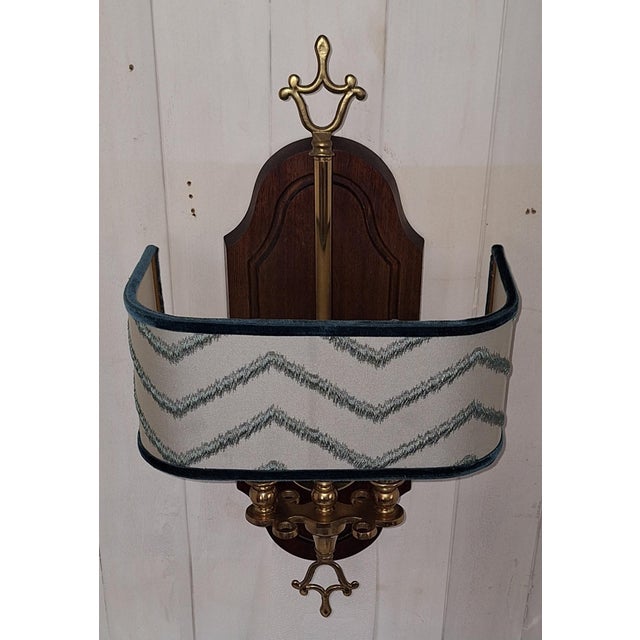 Vintage Wall Lamp with Mahogany Back Panel, Brass Frame and Fabric Shade, 1980s For Sale - Image 4 of 8