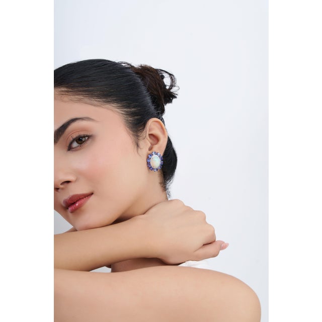 18k White Gold 14.24ct Fire Opal & Blue Sapphire Cluster Diamond Vintage Earrings- A Pair For Sale - Image 12 of 18