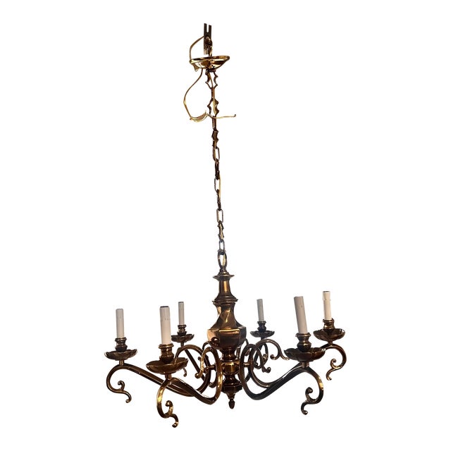 1980s 6 Arm Brass Chandelier For Sale