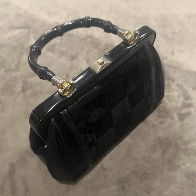 1940s Art Deco Black Leather, Velvet and Bamboo Italian Hand Bag For Sale - Image 6 of 13