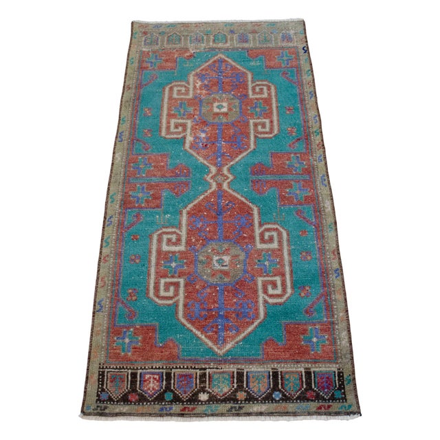 Vintage Small Rug Runner Hand Made Mat Turkish Rug Enrty Decor Bath Mat- 1′8″ × 3′6″ For Sale - Image 4 of 13