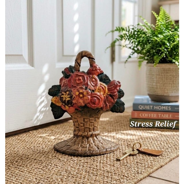 Traditional Antique Hubley No. 818 Painted Cast Iron Flower Basket Doorstop For Sale - Image 3 of 11