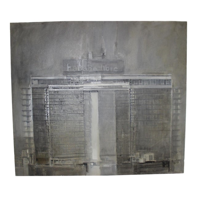 Large-Scale Contemporary Oil on Canvas by Cuban Artist Ramon Serrano – Architectural Cityscape, 62” X 70” For Sale