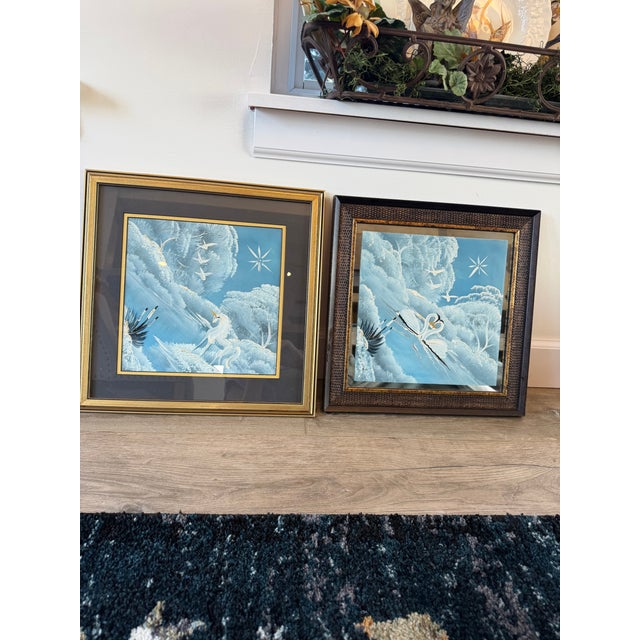 Glass Signed Tim Dunham 2001 Fantasy Reverse Glass Painting-Mating Swans For Sale - Image 7 of 7