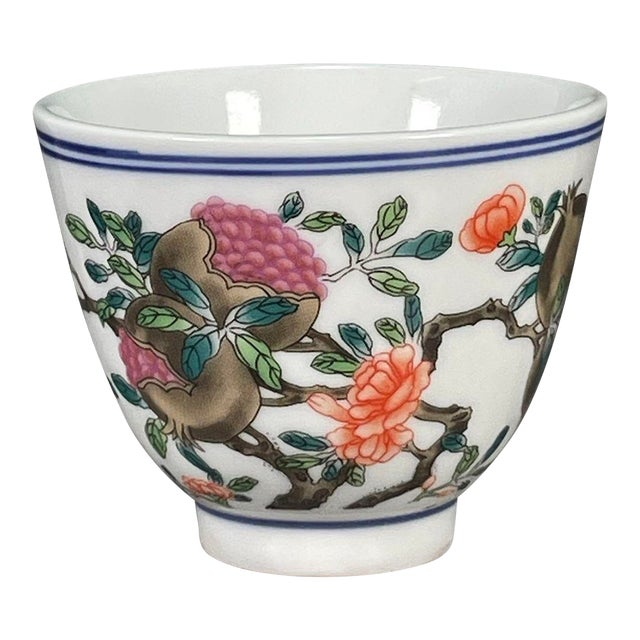 Late 20th Century Chinese Famille Rose Porcelain Tea Cup With Floral & Fruit Motif For Sale