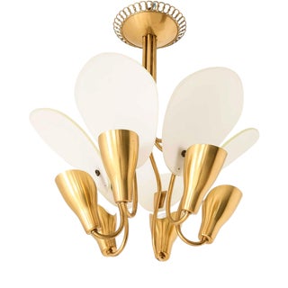 Scandinavian Ceiling Lamp in Opaline Glass and Brass by Carl Fagerlund, 1950s For Sale
